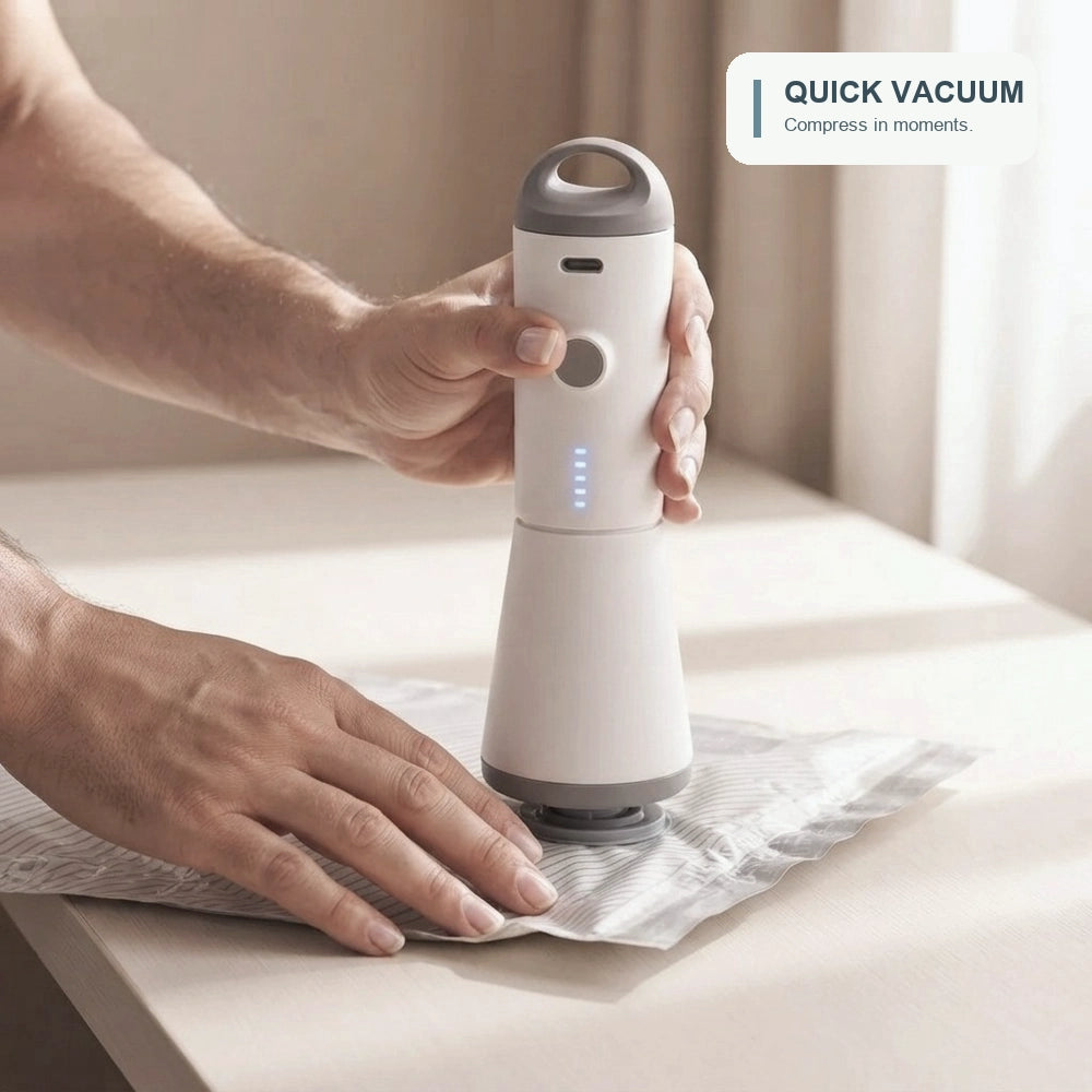 Hands using Pack & Press™ portable vacuum pump to compress clothes in a vacuum bag