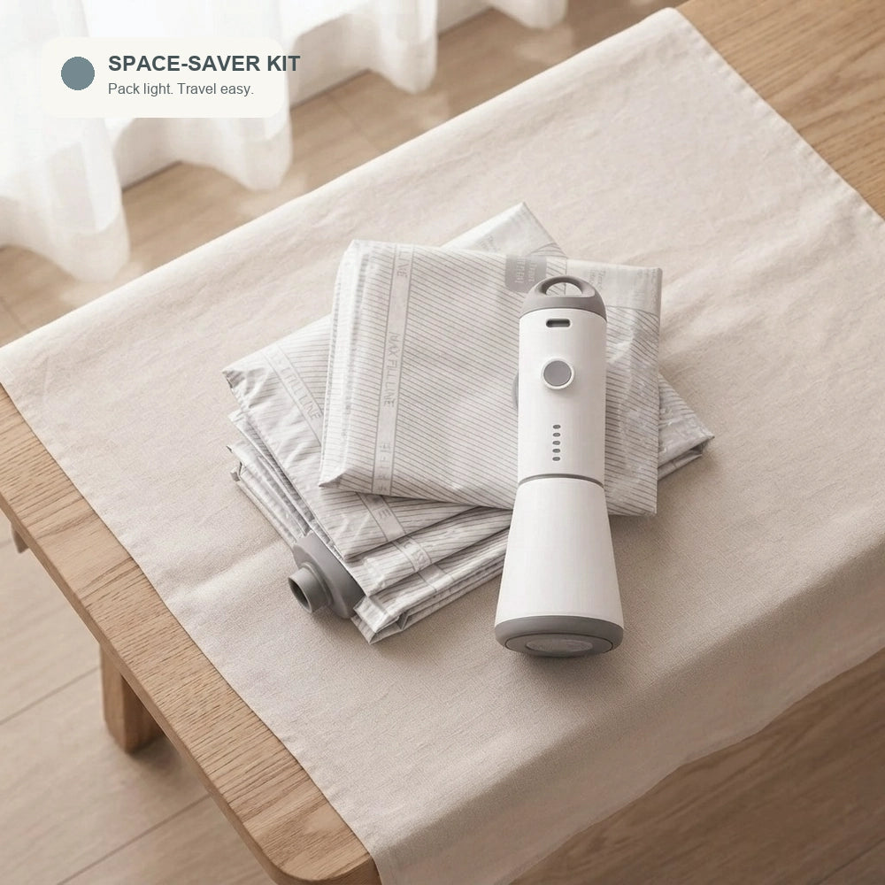 Pack & Press™ space-saver kit with portable pump and vacuum compression bags on a table